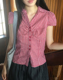 Trin Check Shirring Puff Blouse