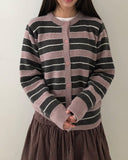 Woolen Stripe Round Knit Cardigan