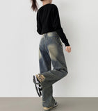 Unique Cut Line Damage Point Balloon Wide Denim Pants