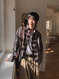 Nepri Cutting Layered Cropped Checkered Shirt
