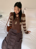 [Muffler set] Freena V-neck Angora Color Matching Stripe Crop Long Sleeve Knit