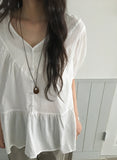 Munil Stripe V-Neck Half Button Blouse