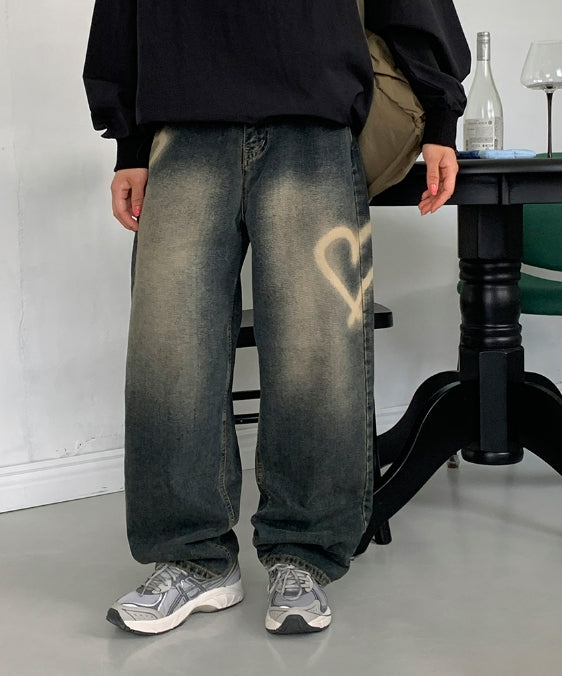 【BAON】Penbo Heart Washing Wide Denim Pants BAON (バオン) - ペンボハートウォッシングワイドデニムパンツ