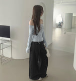 Off-shoulder Ribbed Knit Strap Set Cardigan