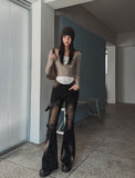 Ash Ribbed Deep Button Layered Long Sleeves