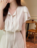 Collie Tulip-Sleeve Pintuck String Blouse