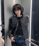 Cape round pocket leather jacket