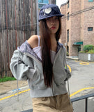 Mechi check color matching long sleeve hood zip-up