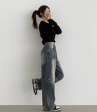 Unique Cut Line Damage Point Balloon Wide Denim Pants