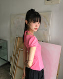 Code Beads Ribbon Shirring Puff Short Sleeve T-Shirt