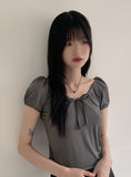 Kelle Ribbon Shirring Mesh Air Puff Crop Short Sleeve T-shirt
