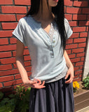 Skew Button V-Neck Short Sleeve Knit