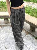 Lafec Stripe Color Matching String Long Wide Pants
