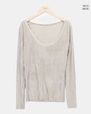 Ruden Pleated Print U-Neck Long Sleeve T-Shirt