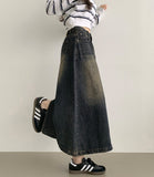 Simple Casual A-line 4-season Curved Line Denim Long Skirt