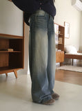 Kame two-way snap button long wide denim pants