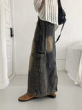 Parform Vintage Washing Long Denim Skirt