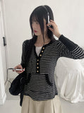 Mihoo Vintage Stripe Button Pocket Long Sleeve T-Shirt