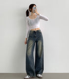 Cut V-Line Washing Vintage Wide Balloon Denim Pants