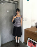Benha Check Puff Frill Sleeveless Blouse