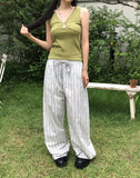 Satin Linen Stripe Wide Banding Long Pants