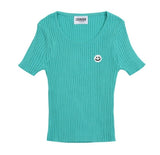 Drawing Smile Embroidery Crop Short Sleeve Knit