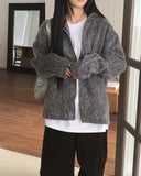 Dubo Mohair Fur Brush Zipper Hooded Zip-Up