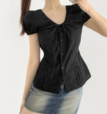 Balloon Soft Fit Ribbon Strap Short Sleeve Blouse