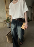 Deep blue washing wide denim