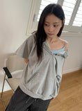 Hakanji Check Color Matching Button Hood Short Sleeve Tee