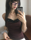 [with pad/adjustable straps] Cheeky back banding layered lace color matching shirring sleeveless