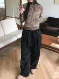 Twee pin tuck two-way banding long wide brushed jogger pants
