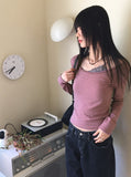 Jitel Vintage Stripe Deep U Neck Long Sleeve T-Shirt
