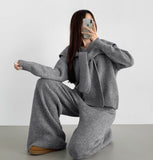 Shawl V-Neck Knit Long Wide Banding Pants Three Piece Wool Two Piece Set