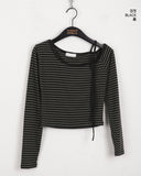 Sable One Shoulder Unbalanced Strap Stripe Long-Sleeved T-Shirt