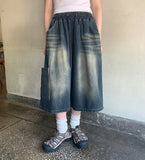 [unisex] Lanto Vintage Cat Washing Banding Bermuda Denim Cargo Pants