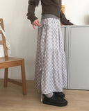 Yubo Vintage Check Ribbon Strap Tiered Long Skirt