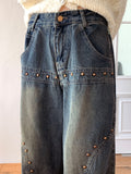 Fector Western Stud Embroidery Washing Long Wide Denim Pants