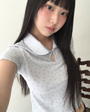 Soming Flower Round Collar Frill Short Sleeve T-Shirt