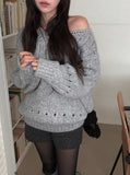 Pogo Openwork Loose Fit One-Shoulder Boat Neck Knit