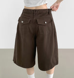 Folding Pin Tuck Back Pocket Bermuda Shorts Cotton Pants