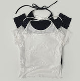 Flower Pattern Halterneck Sleeveless Short Sleeve Blouse Set