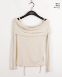 Twill Ribbon Strap Off-Shoulder Slit Cropped Long Sleeve T-Shirt