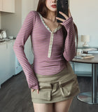 Odd Snap Deep V-Neck Stripe Long Sleeve