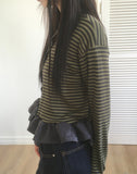 Peg Stripe Color Matching Frill Cardigan