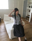 Pique Check V-Neck Shirring Puff Short Sleeve Blouse