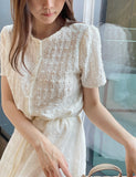 Ser Embossed Round Pearl Puff Blouse