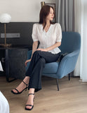 Betty V-neck Embossed Wrinkle Peplum Blouse