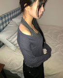 Sheen Layered Shirring V-Neck Long Sleeve T-Shirt