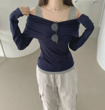 Drape Off-Shoulder Knit Layered Fake Layered T-shirt